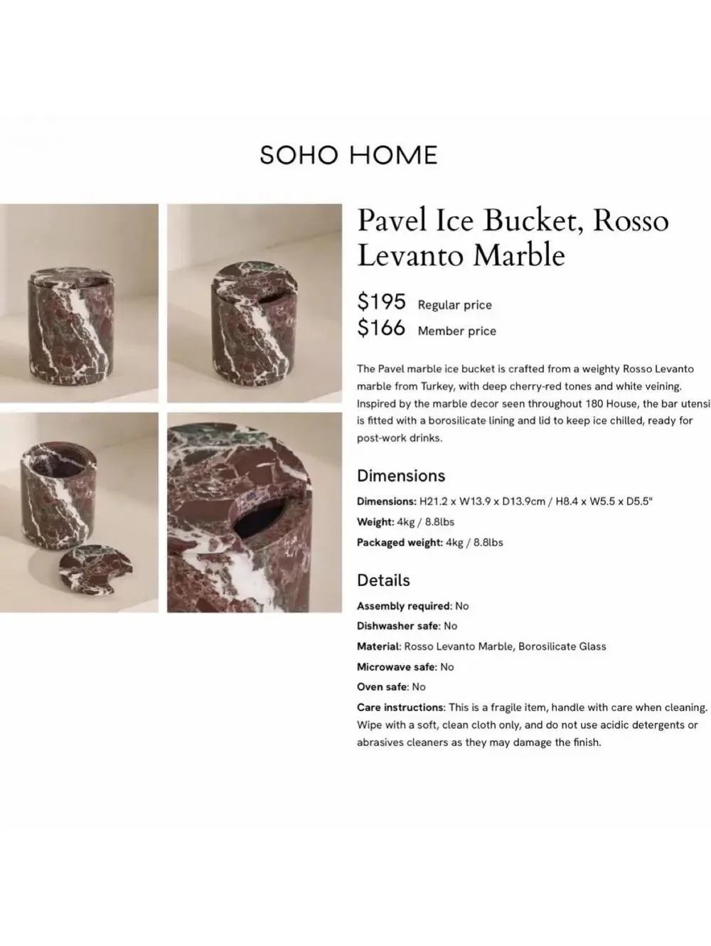 SOHO HOME Pavel Rosso Levanto Marble Ice Bucket Luxury